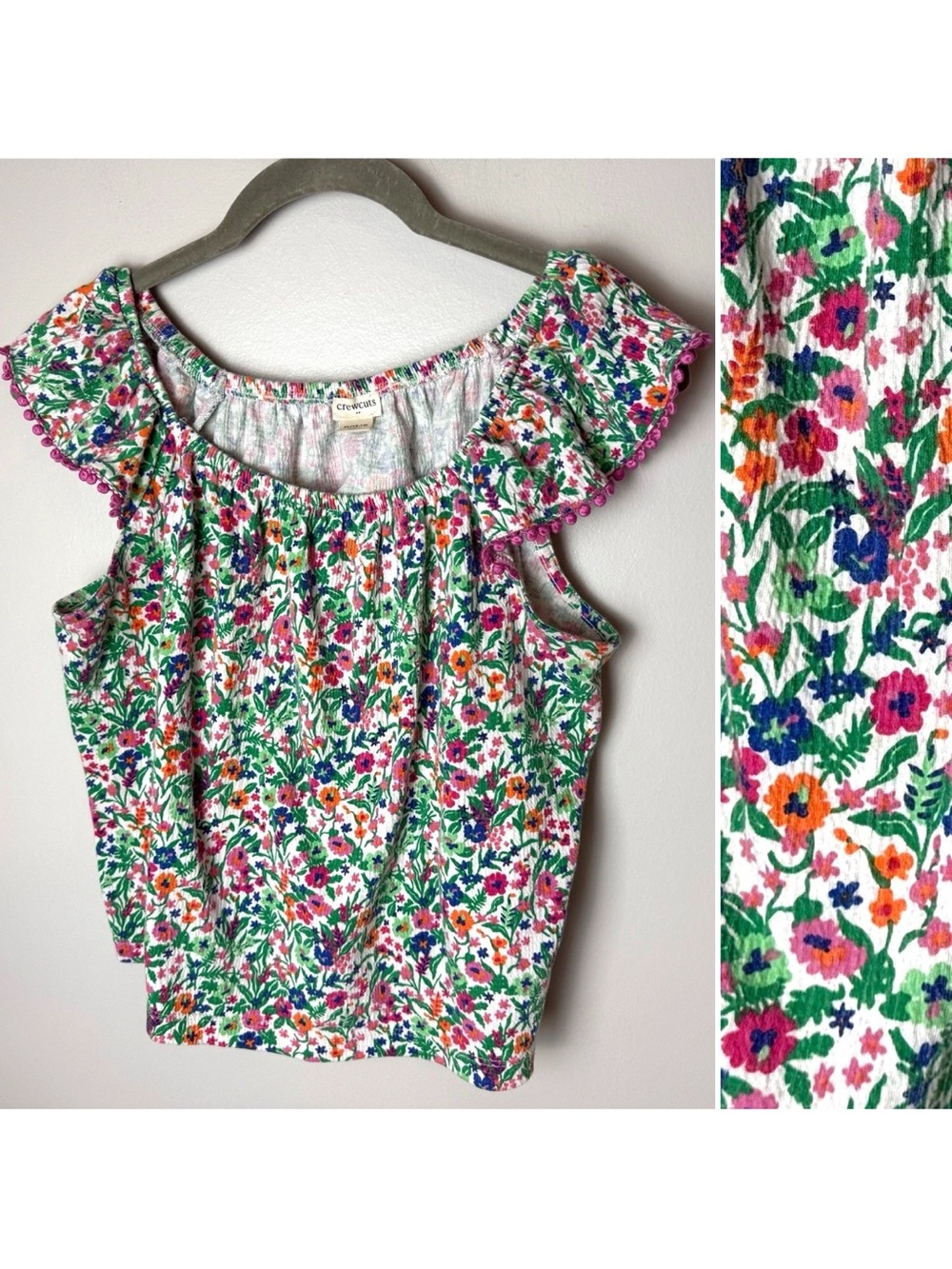 Crewcuts Girls Top Size XL 12-14 Floral Short Flutter Sleeves Top Pom Pom Trim